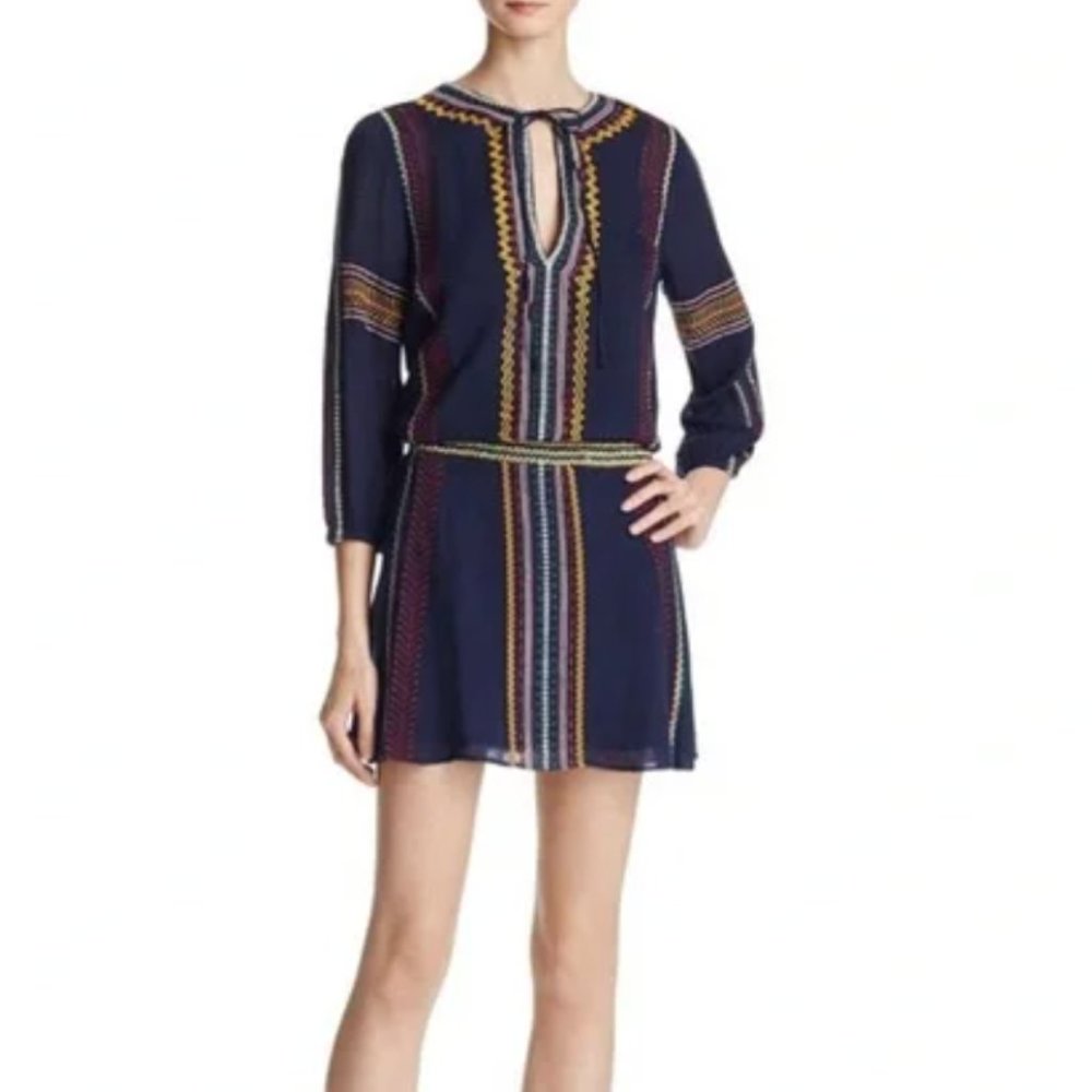 Alice + Olivia Jolene Embroidered Drop Waist Peasant Navy Blue Dress Size 2